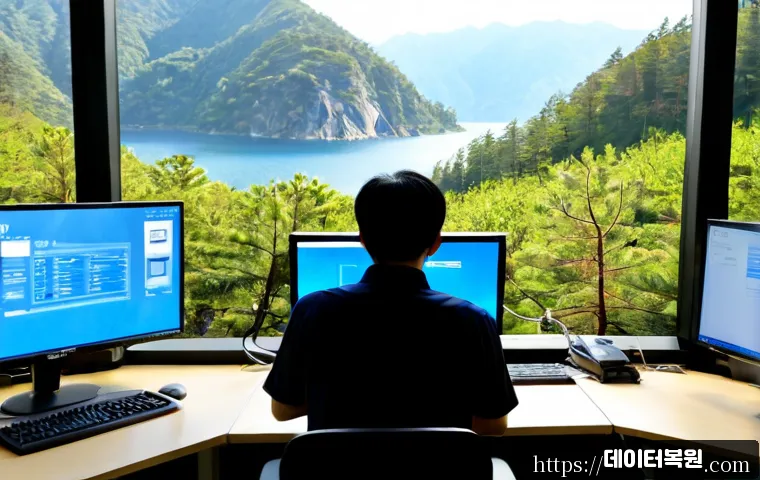 가평군 WIN32K_POWER_WATCHDOG_TIMEOUT - Photorealistic IT support workstation in a quiet Gapyeong County lakeside office, dual monitors show...