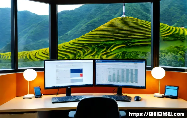 염리동 STATUS_DATATYPE_MISALIGNMENT - Photorealistic IT support workstation in a compact Yeomni-dong apartment office, dual monitors showi...