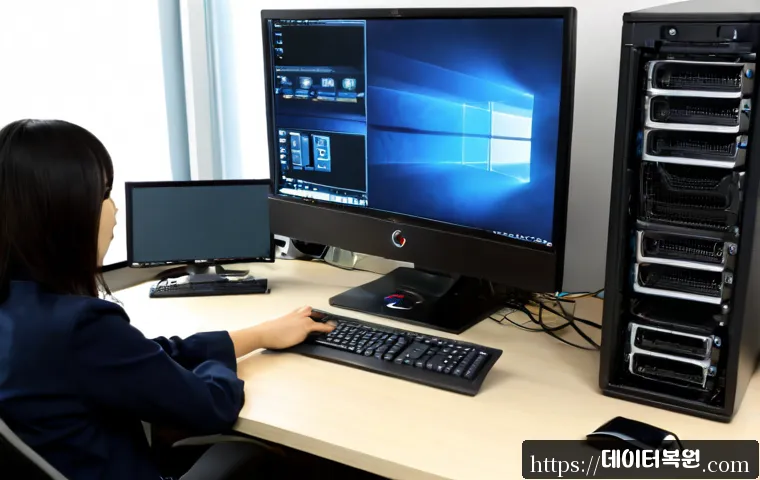 발산동 STATUS_DISK_NOT_INITIALIZED - Photorealistic IT support workstation in a compact Balsan-dong office, desktop tower opened beside a...