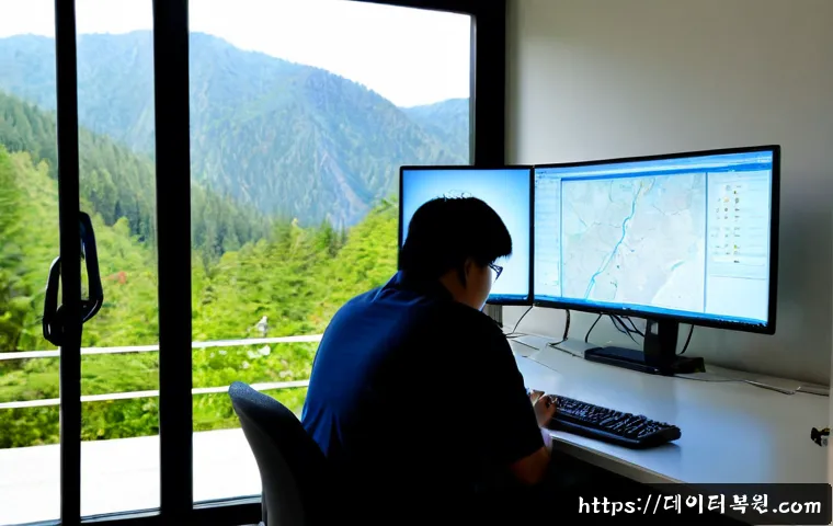 가평군 STATUS_INVALID_CALLER - Photorealistic remote-support workstation in a quiet mountain county office, dual monitors showing a...