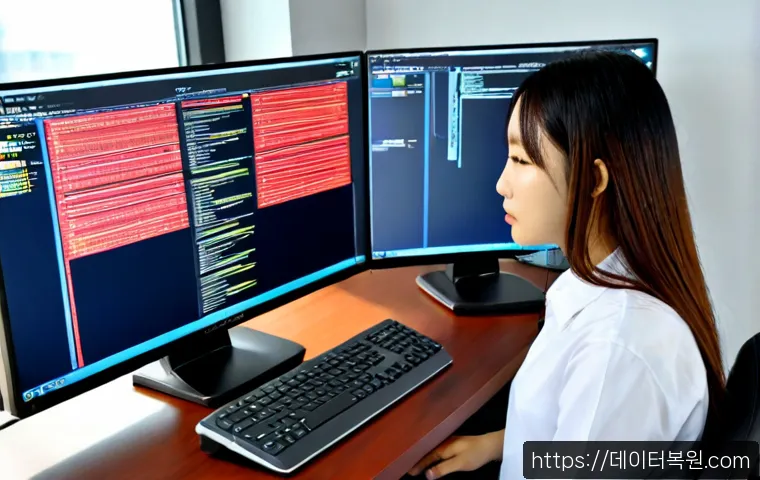 목동 ATTEMPTED_EXECUTE_OF_NOEXECUTE_MEMORY - Photorealistic IT support workstation in a modern Mokdong office tower, dual monitors showing abstra...