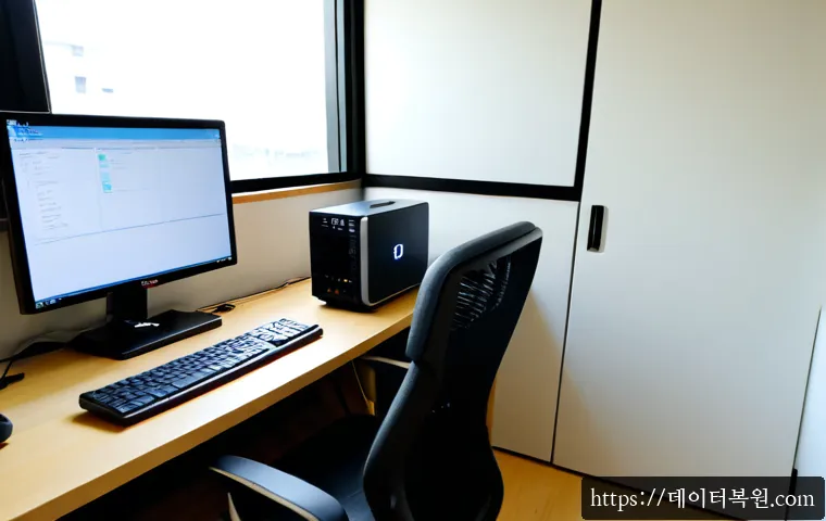 덕은동 해놀로지 xpenology 구축 - Photorealistic compact home office in Deogeun-dong, a quiet xpenology NAS workstation with a small m...