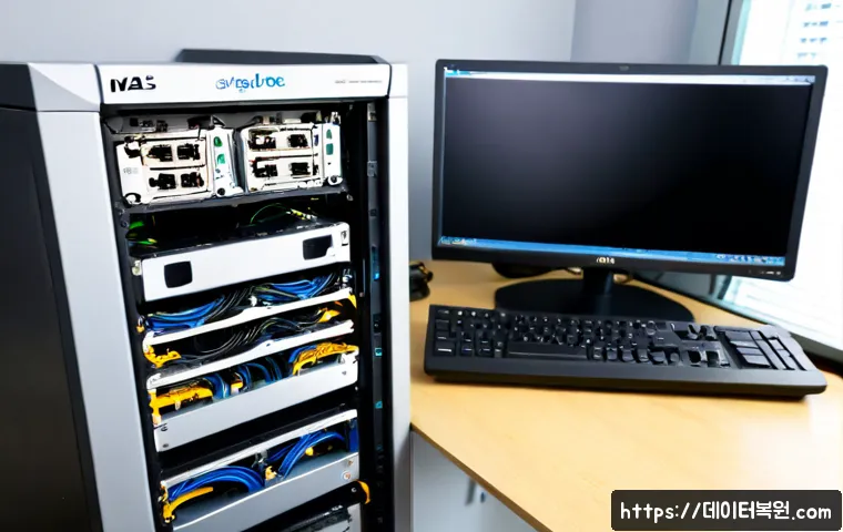가학동 NAS출장방문수리점 - Photorealistic onsite NAS repair in a compact Ga-hak-dong home office, technician replacing drive tr...