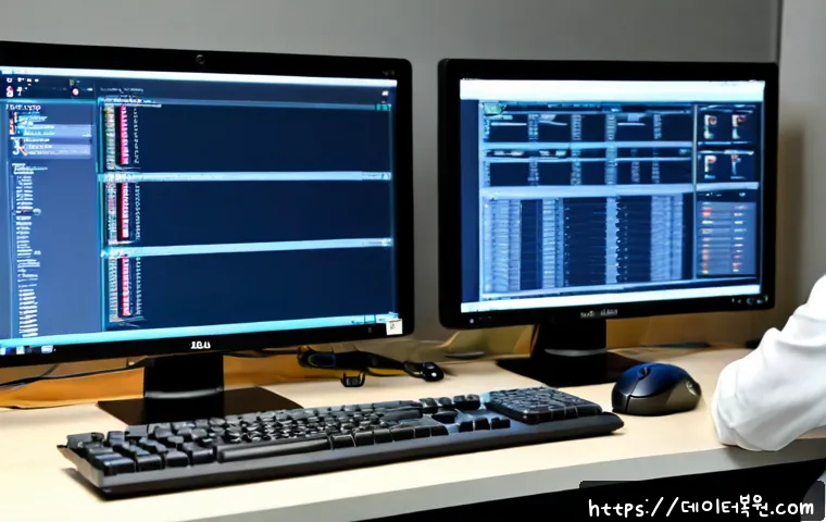 능곡동 STATUS_SYSTEM_LICENSE_INVALID - Photorealistic IT support desk in a compact Neunggok-dong office, dual monitors showing a muted soft...