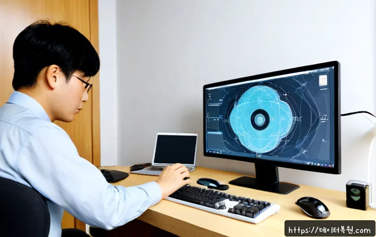 본동 STATUS_FLOAT_UNDERFLOW - Photorealistic software support workstation in a compact Bong-dong apartment office, dual monitors s...