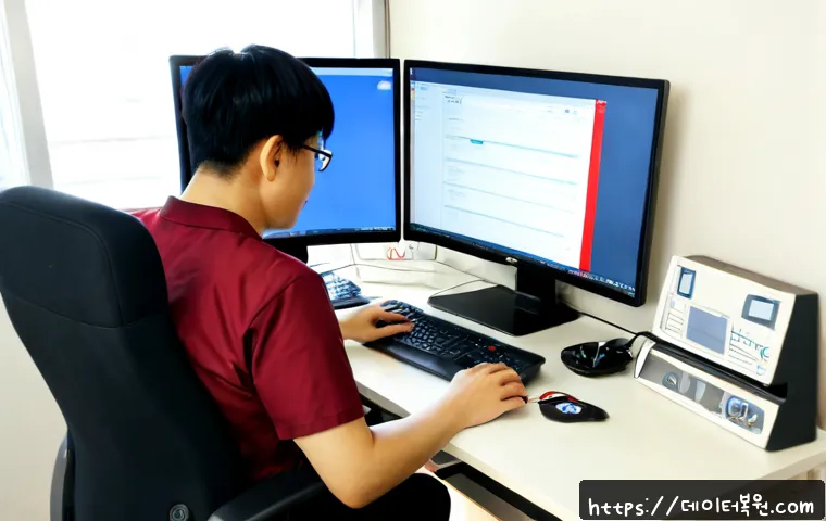 개봉동 STATUS_UNSUCCESSFUL - Photorealistic IT support workstation in a compact Guro-gu apartment office, dual monitors showing a...