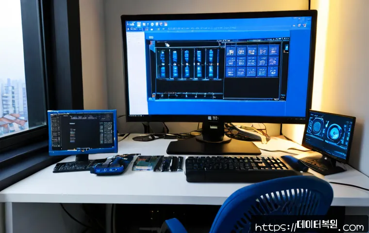 북가좌동 STATUS_KERNEL_DRIVER_CORRUPTION - Photorealistic IT support workstation in a compact North Seoul apartment office, dual monitors showi...