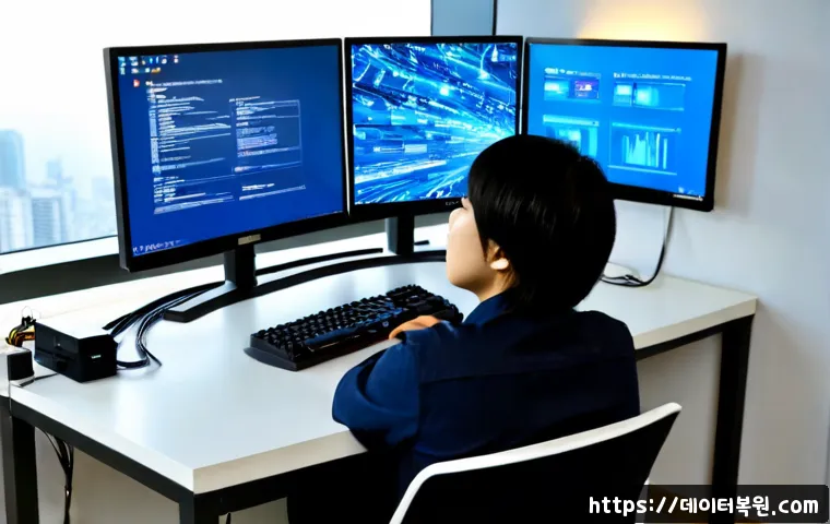 왕십리 DRIVER_IRQL_NOT_LESS_OR_EQUAL - Photorealistic IT support workstation in a modern Wangsimni apartment office, dual monitors showing ...