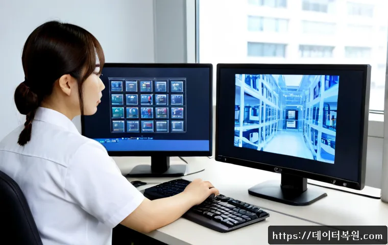 연건동 STATUS_MODULE_ACCESS_DENIED - Photorealistic IT support workstation in a Yeongeon-dong research office, dual monitors showing a bl...