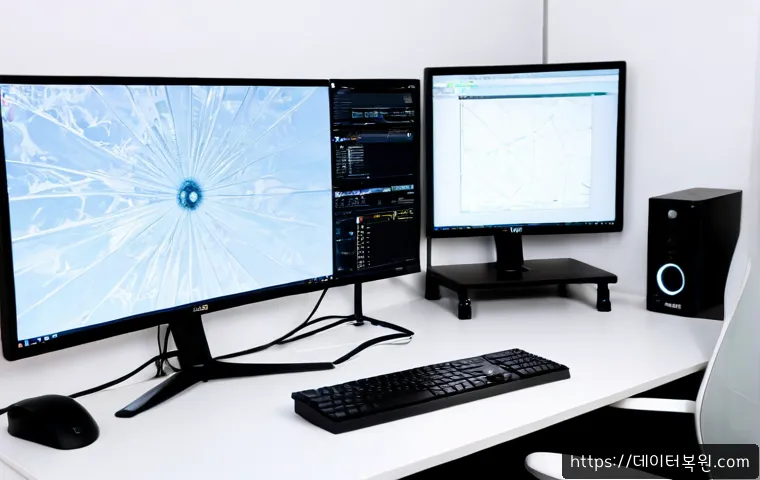양재동 a disk read error occurred - Photorealistic Korean design studio workstation in Yangjae, ultrawide monitor showing a frozen abstr...