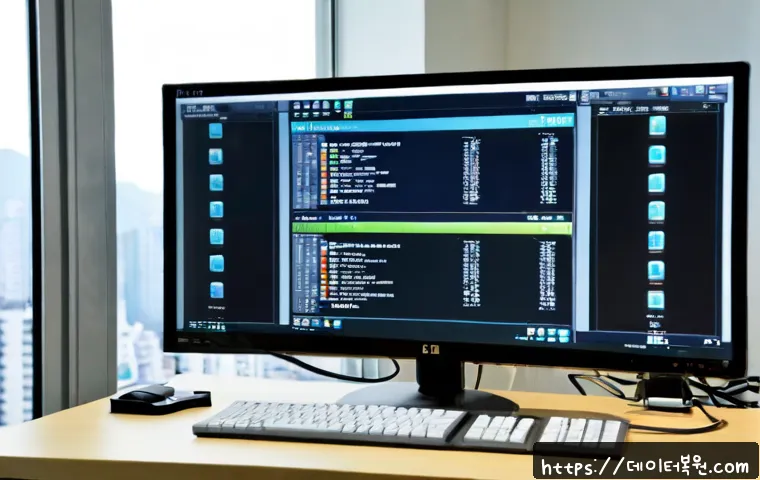 휘경동 입력신호가 없습니다 - Photorealistic IT support desk in a compact Hwigung-dong apartment office, dual monitors with one da...