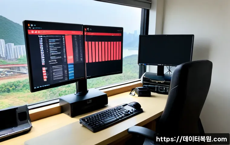 옥수동 STATUS_PAGE_FAULT - Photorealistic IT support workstation in an Oksu-dong hillside apartment office, dual monitors showi...