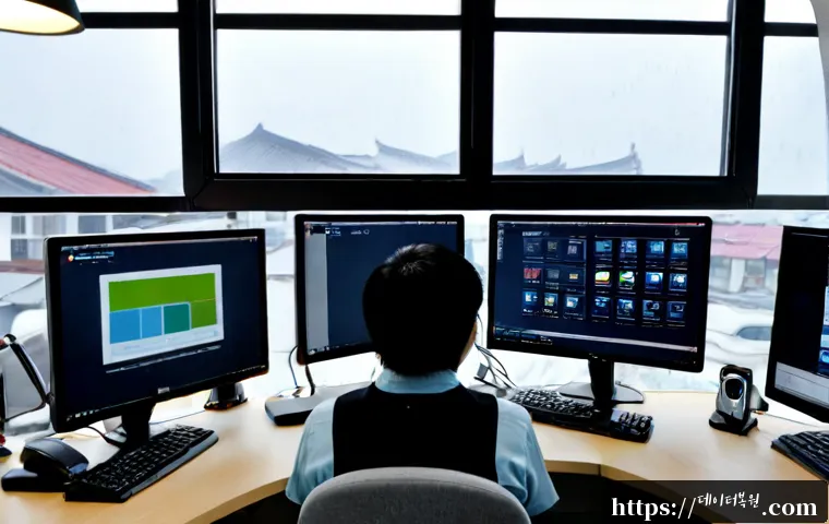남대문 STATUS_INSUFFICIENT_RESOURCES - Photorealistic remote-support workstation in a compact office near Namdaemun market, dual monitors s...