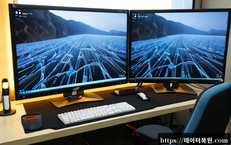 삼전동 STATUS_KERNEL_THREAD_TIMEOUT - Photorealistic IT support workstation in a compact Seoul apartment office, dual monitors showing a f...