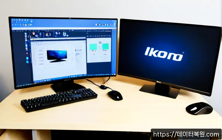 서강동 컴퓨터멈춤 - Photorealistic compact apartment workstation in Seogang-dong, dual monitors frozen on a complex unbr...
