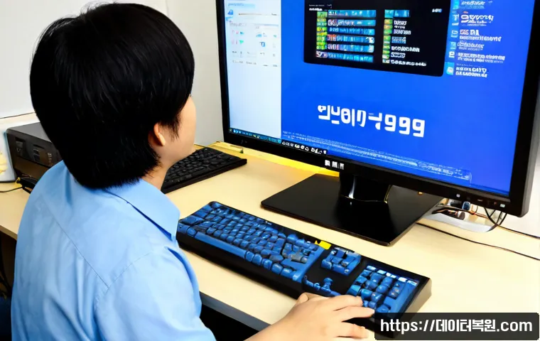 장항동 블루스크린 - Photorealistic IT support workstation in Janghang-dong, Goyang, a dual-monitor desktop showing a sol...