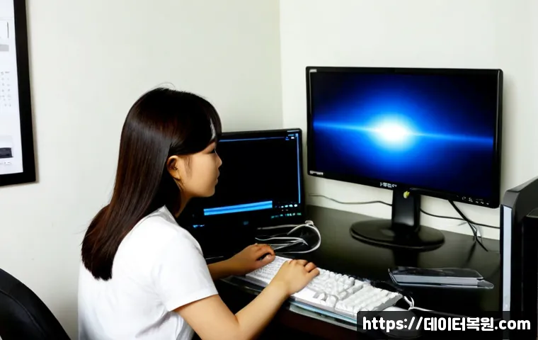 성석동 본체 꺼졌다 켜졌다 할때 - Photorealistic desktop computer workstation in a Seongseok-dong apartment study, tower PC repeatedly...
