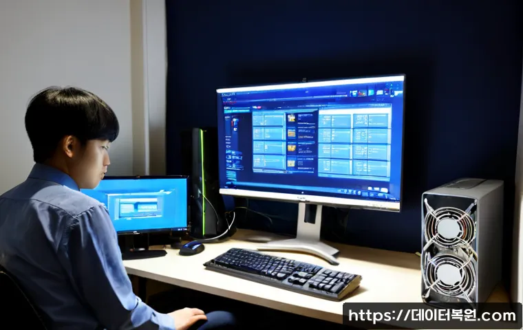 신당5동 MACHINE_CHECK_EXCEPTION - Photorealistic IT support workstation in a compact Seoul apartment office, dual monitors showing a b...