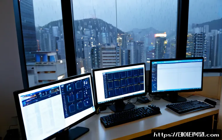 왕십리 STATUS_KERNEL_MODULE_CORRUPTION - Photorealistic IT support workstation in a modern Wangsimni high-rise office, dual monitors showing ...