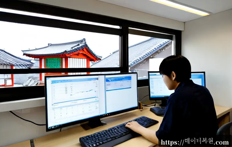 운니동 STATUS_IMAGE_ACCESS_DENIED - Photorealistic remote-support workstation in a quiet Unni-dong office, dual monitors showing a clean...
