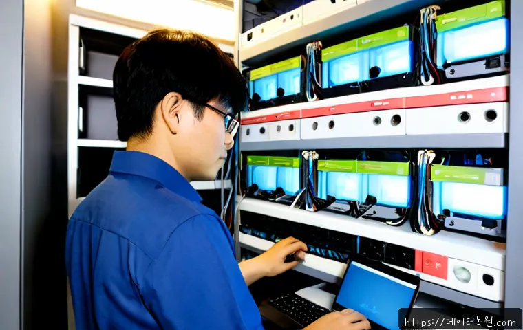 남영동 네트워크구축 설정 및 세팅오류해결 - Photorealistic IT technician configuring a compact office network in a Namyeong-dong style mixed-use...