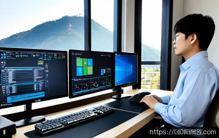 남현동 KERNEL_STACK_INPAGE_ERROR - Photorealistic IT support workstation in a compact Seoul hillside office, dual monitors showing a bl...