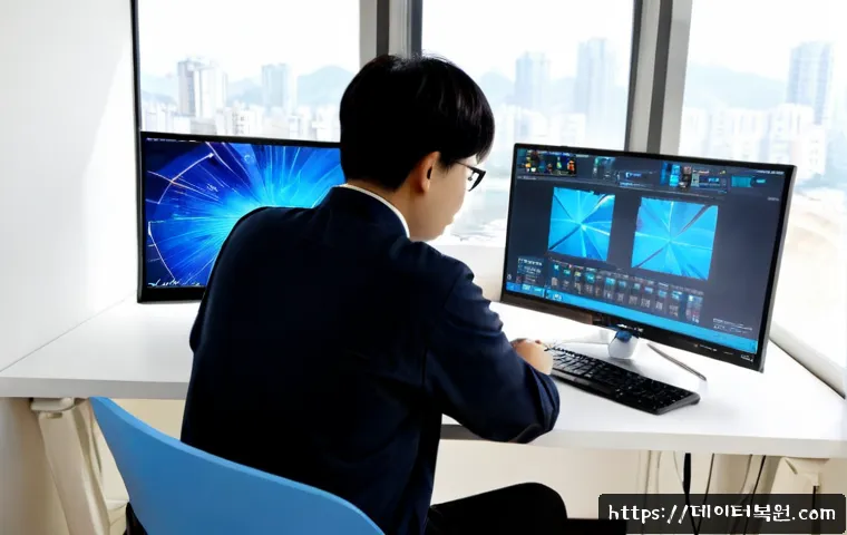 행당동 INVALID_KERNEL_HANDLE - Photorealistic IT support workstation in a compact Hangang-adjacent apartment office, dual monitors ...
