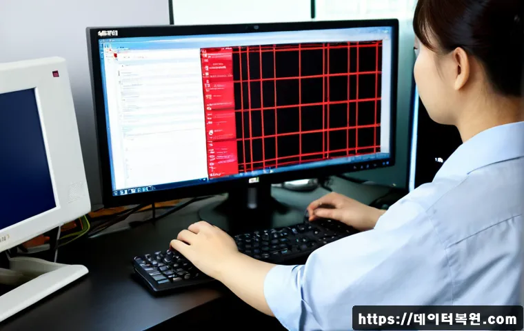 초월읍 STATUS_STACK_OVERFLOW - Photorealistic IT support workstation in a quiet semi-rural Korean township office, dual monitors sh...