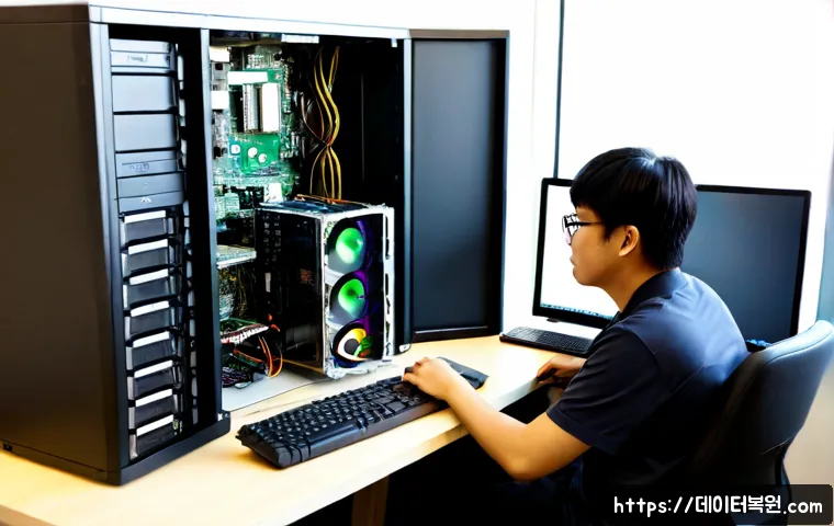 도봉동 컴퓨터업그레이드 - Photorealistic computer upgrade service bench in a compact Dobong-dong apartment workspace, technici...