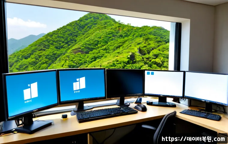 북아현동 DEVICE_DRIVER_MISMATCH - Photorealistic IT support workstation in a compact Bukahyeon-dong apartment office, dual monitors sh...