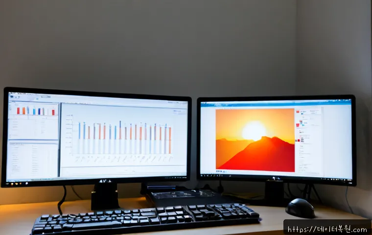 신월동 STATUS_INVALID_OBJECT - Photorealistic IT support workstation in a compact Seoul residential office, dual monitors showing a...