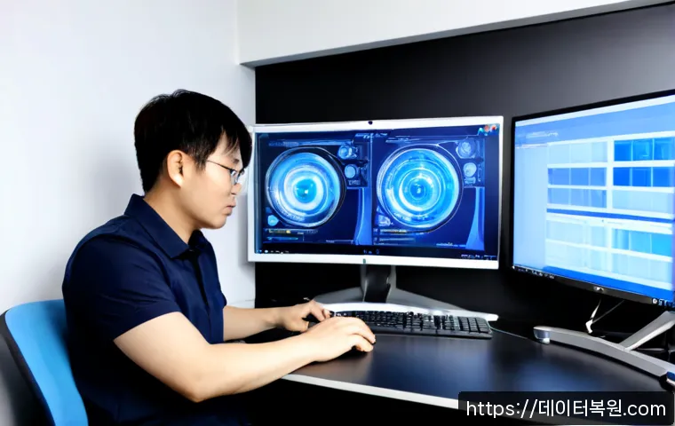 고척동 KERNEL_STACK_INPAGE_ERROR - Photorealistic IT support workstation in a compact Gocheok-dong office, dual monitors showing an abs...
