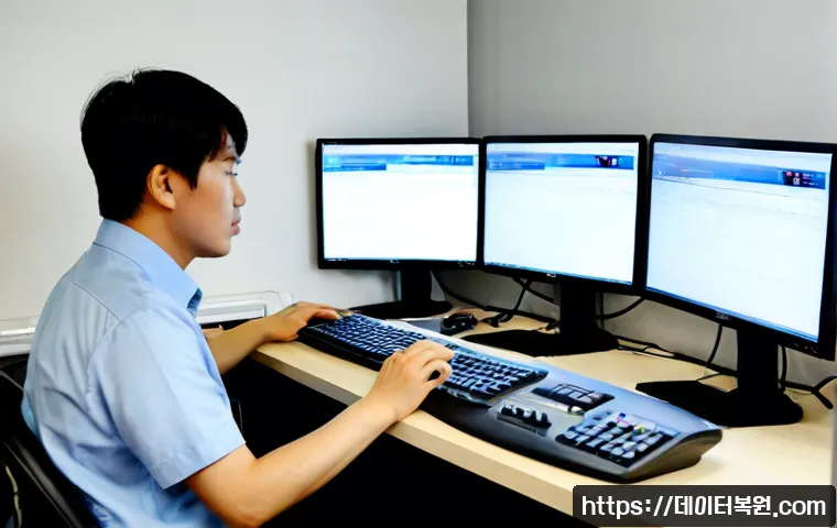 청암동 BUGCODE_USB_DRIVER - Photorealistic IT support workstation in a compact Cheongam-dong apartment office, frustrated techni...
