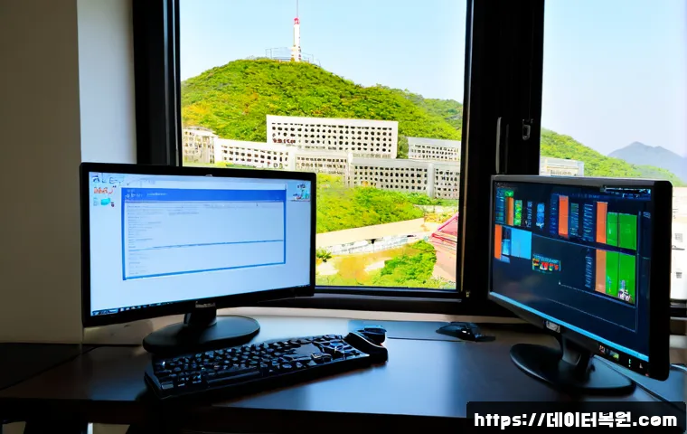 누하동 STATUS_KERNEL_MEMORY_LEAK - Photorealistic remote IT support workstation in a quiet historic Seoul hillside apartment, dual moni...