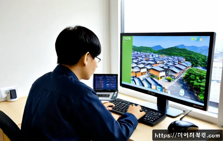 합정동 STATUS_KERNEL_DEVICE_ERROR - Photorealistic remote-support workstation in Hapjeong, Seoul, desktop monitor showing a nonverbal de...