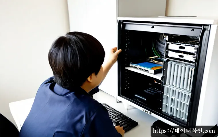 신월동 STATUS_DISK_CORRUPTION - Photorealistic IT technician repairing a compact desktop workstation in a quiet Sinwol-dong apartmen...