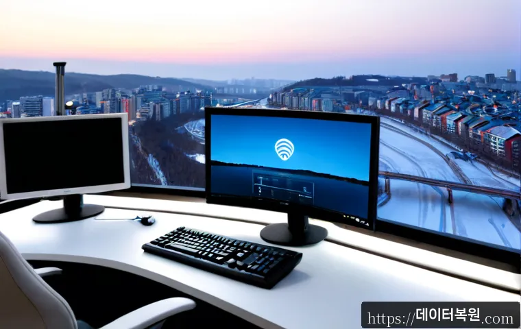 응봉동 STATUS_CONTROL_C_EXIT - Photorealistic remote-support workstation in a compact hillside apartment office, ultrawide monitor ...