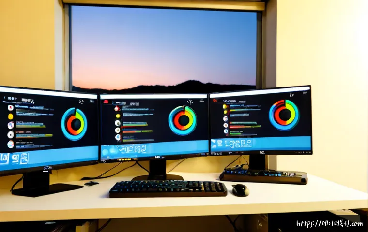 북가좌동 STATUS_KERNEL_MEMORY_LEAK - Photorealistic remote-support workstation in a compact Bukgajwa-dong apartment office, dual monitors...