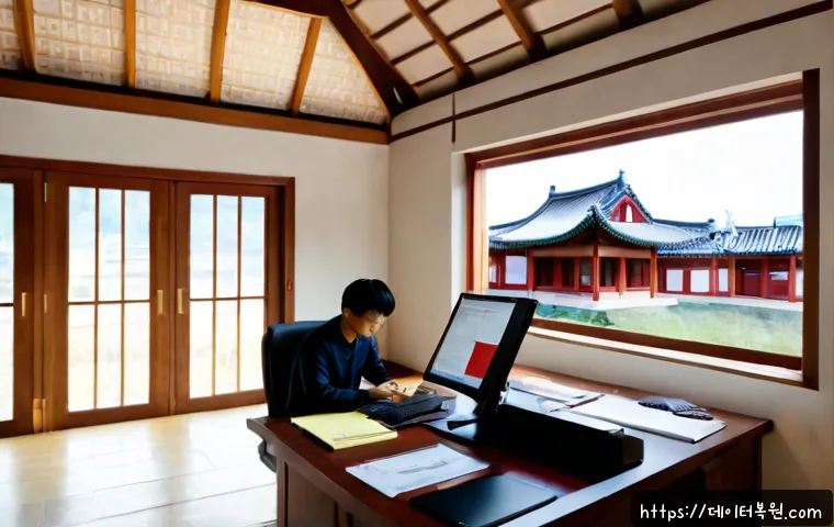 화동 STATUS_NETWORK_ACCESS_DENIED - Photorealistic premium workstation in a quiet Hwadong-inspired traditional courtyard office, IT spec...