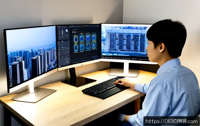 상도동 본체 꺼졌다 켜졌다 할때 - Photorealistic desktop support scene in a compact Sangdo-dong apartment study, a tower PC repeatedly...