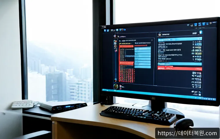 사근동 STATUS_KERNEL_RESOURCE_ERROR - Photorealistic remote IT support workstation in a compact Seongdong-gu office, dual monitors showing...
