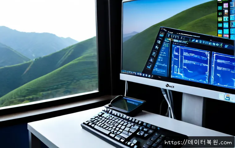 덕양구 STATUS_KERNEL_APC_PENDING - Photorealistic IT support workstation in Deogyang-gu, dual monitors showing a frozen abstract blue d...