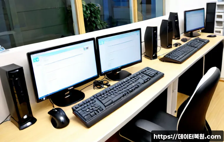 예지동 중고컴퓨터 pc 출장판매설치 - Photorealistic compact computer showroom in Yejidong, Seoul, a refurbished desktop PC tower, monitor...