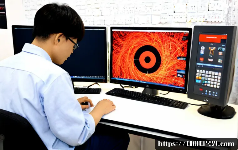 예지동 STATUS_FILE_READ_FAILURE - Photorealistic remote-support workstation in a compact Yeji-dong repair studio, dual monitors showin...