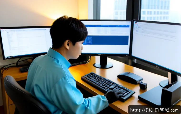 정발산동 KERNEL_DATA_INPAGE_ERROR - Photorealistic remote-support workstation in a quiet Ilsan apartment office, dual monitors showing a...