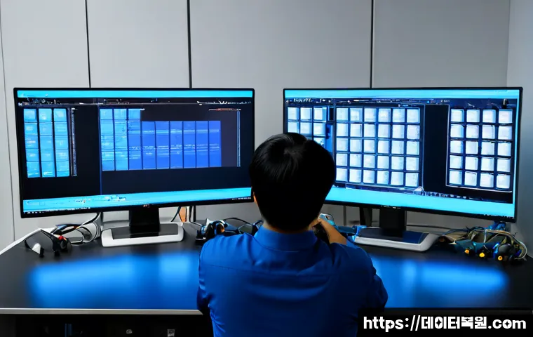 금천구 CRITICAL_PROCESS_DIED - Photorealistic IT support workstation in Geumcheon industrial district, dual monitors with one showi...