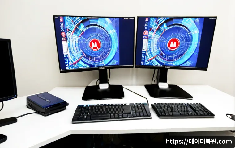 중구 STATUS_KERNEL_DEVICE_ERROR - Photorealistic IT support workstation in Jung-gu, Seoul, dual monitors showing abstract blue system ...