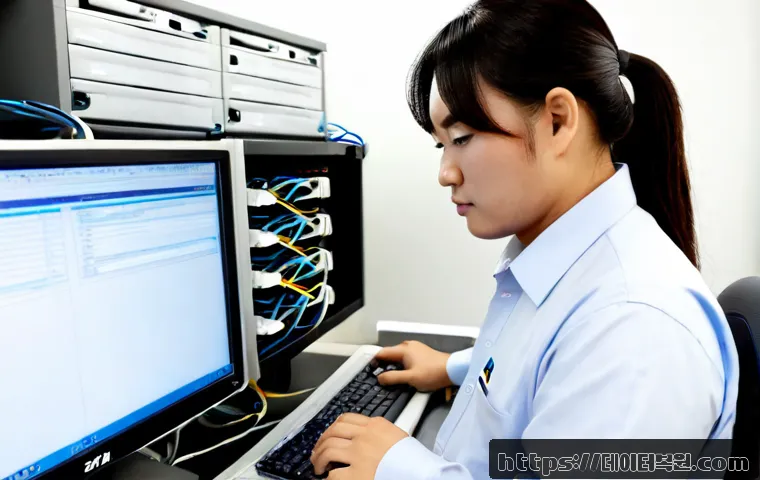 동선동 ftp서버출장방문수리점 - Photorealistic IT technician servicing a compact FTP server workstation in a Dongseon-dong office, o...