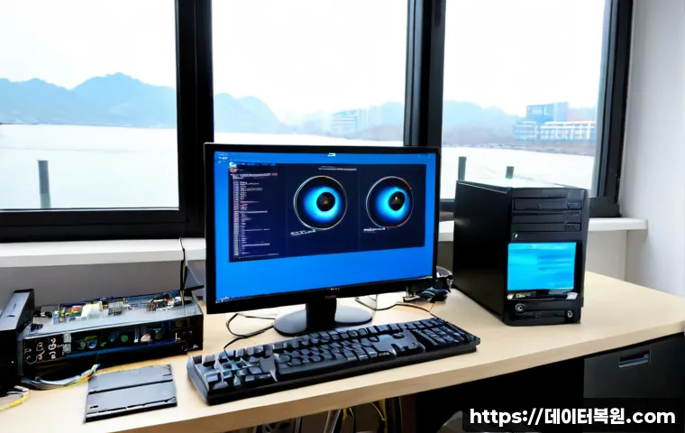 염창동 IRQL_NOT_LESS_OR_EQUAL - Photorealistic IT support workstation in Yeomchang-dong, Seoul, with a desktop monitor showing a bla...