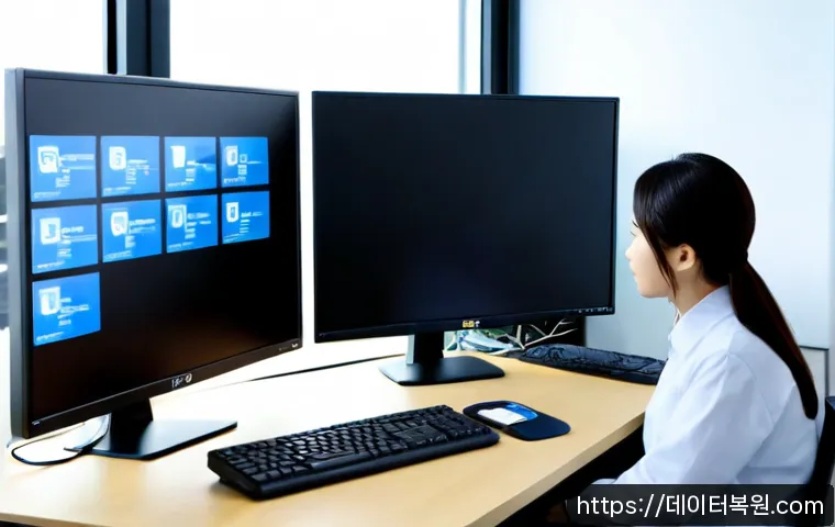 마곡동 INTERNAL_POWER_ERROR - Photorealistic IT support workstation in Magok, Seoul, dual monitors showing a blank blue diagnostic...